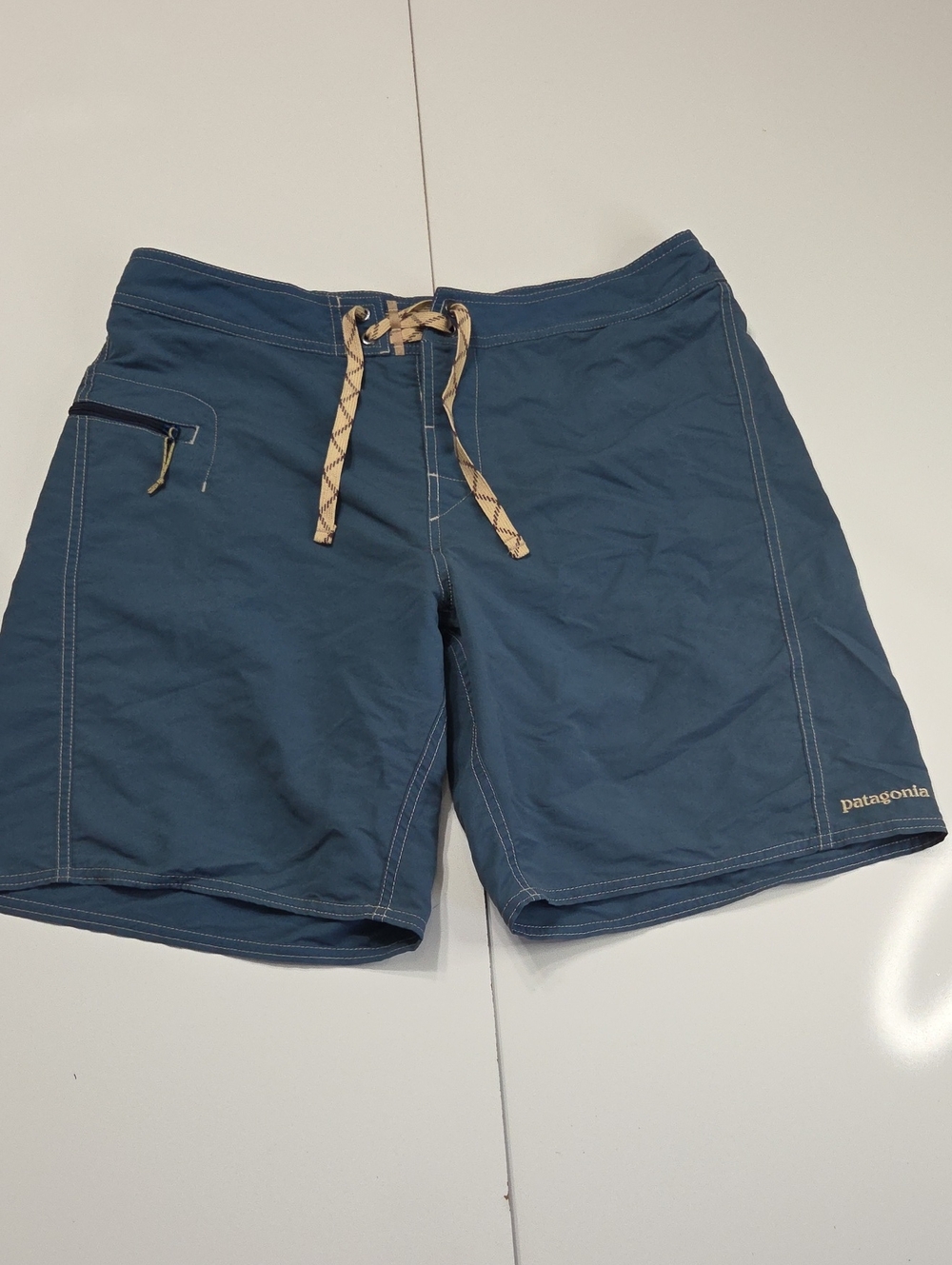 Patagonia Men's Navy Blue Swim Board Shorts with Tan Drawstring